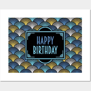 Happy Birthday - Art Deco Fans Blue Yellow Posters and Art